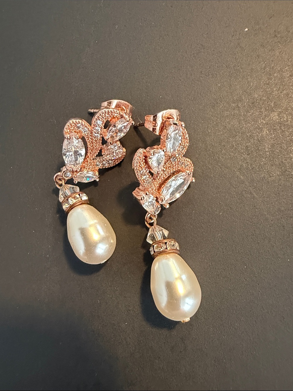 Pearl Drop Crystal Dangle Earrings - Rose Gold Tone
